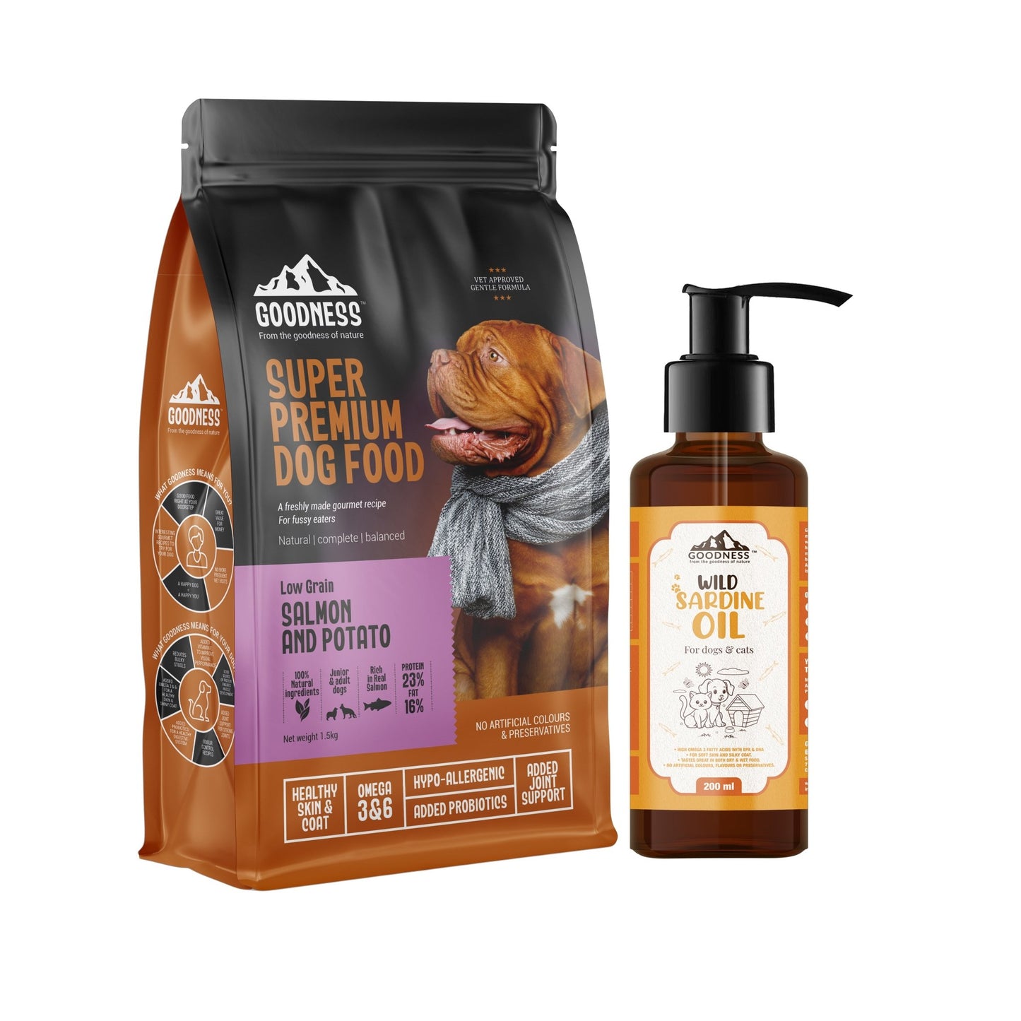 Goodness Low Grain Salmon & Potato 1.5kg with Free Sardine oil 200ml - Wagr - The Smart Petcare Platform