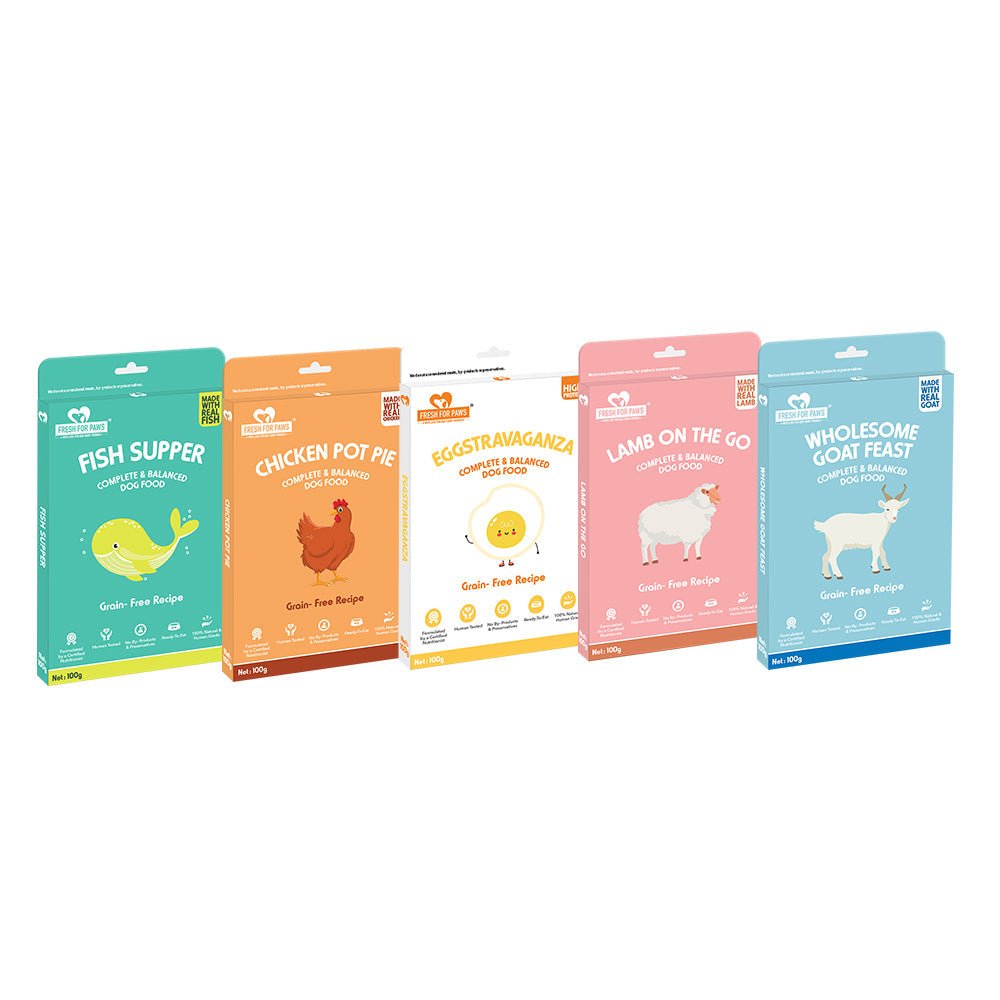 Fresh for Paws Non-Vegetarian Combo (300gm pack each of - Lamb, Goat, Chicken, Egg, Fish) - Wagr Petcare