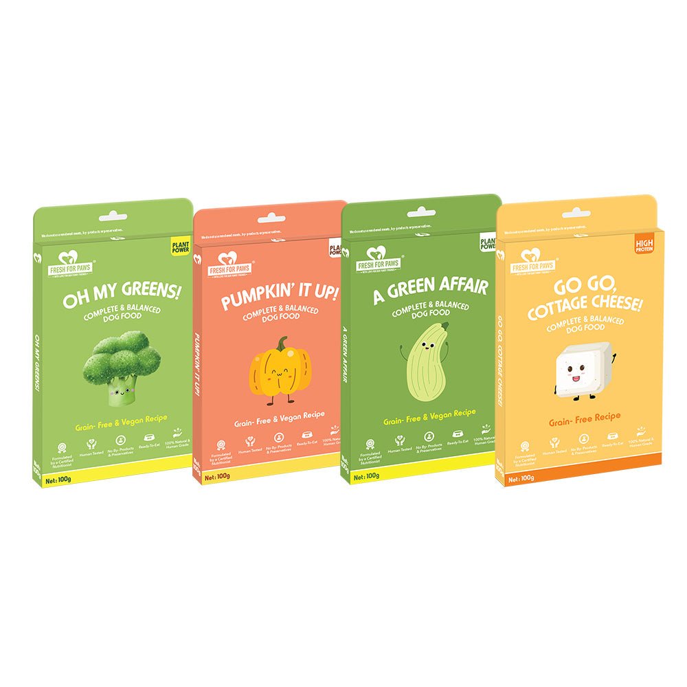 Fresh for Paws' Vegetarian Combo (100gm pack each of - Green Affair, Pumpkin, Cottage Cheese, Oh My Greens) - Wagr Petcare