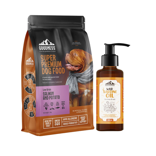 Goodness Low Grain Salmon & Potato 1.5kg with Free Sardine oil 200ml - Wagr - The Smart Petcare Platform