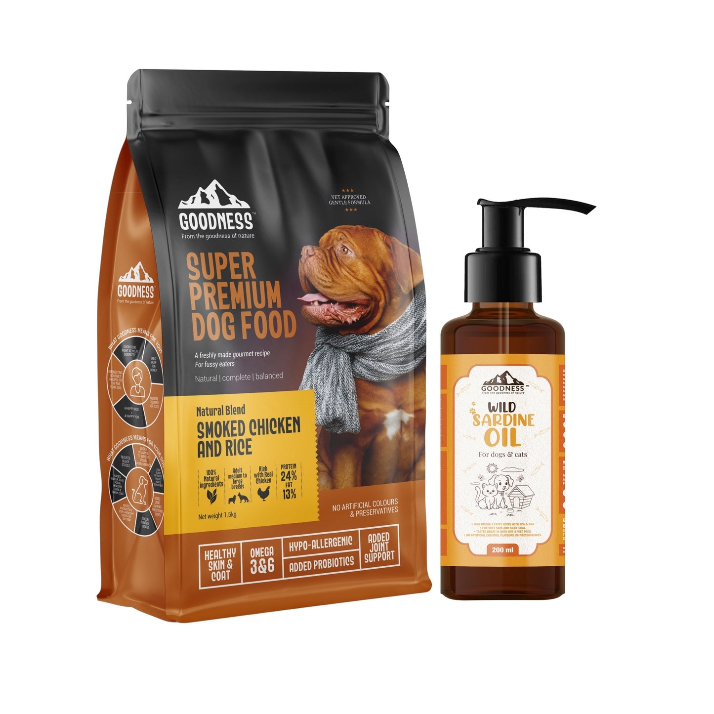 Goodness Natural Blend Smoked Chicken & Rice 1.5kg with Free Sardine oil 200ml - Wagr - The Smart Petcare Platform