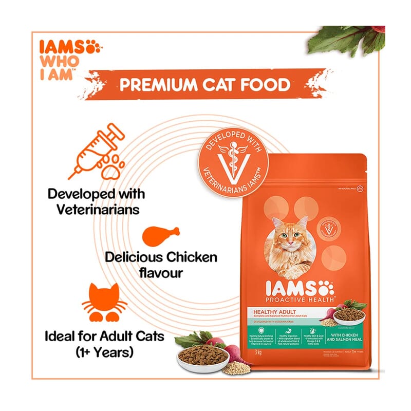 IAMS Proactive Health, Healthy Adult (1+ Years) Dry Premium Cat Food with Chicken & Salmon Meal, 3kg - Wagr - The Smart Petcare Platform