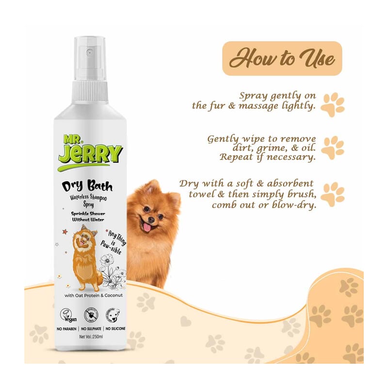 Mr . Jerry Dry Bath Waterless Shampoo for Pets with Oat Protein & Coconuts, 250ml - Wagr Petcare