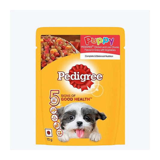 Pedigree Puppy Wet Dog Food, Chicken And Liver Chunks Flavour in Gravy with Vegetables, 70 g Pouch - Wagr - The Smart Petcare Platform