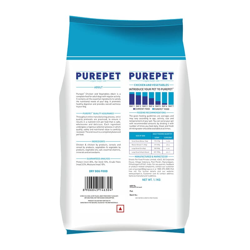 Purepet Adult Dry Dog Food, Chicken & Vegetable, 1.1kg (Pack of 2) - Wagr - The Smart Petcare Platform