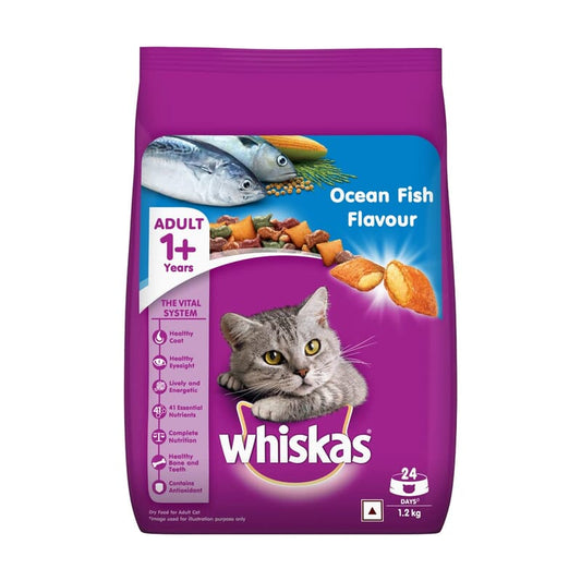 Whiskas Adult (+1 Year) Dry Cat Food, Ocean Fish Flavour, 1.2kg - Wagr - The Smart Petcare Platform